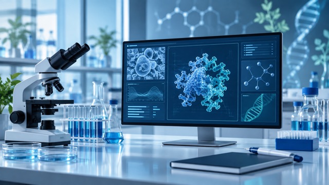 Editorial illustration of AI-assisted molecular research in a modern biology laboratory
