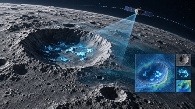 Editorial illustration of an orbital sensor mapping ice and crater terrain on the Moon